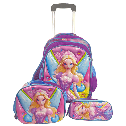 Mochila Con Ruedas + Lonchera + Estuche Niña 22