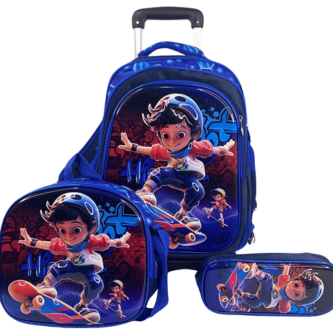 Mochila Con Ruedas + Lonchera + Estuche Niño 22