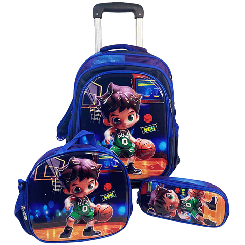 Mochila Con Ruedas + Lonchera + Estuche Niño 25