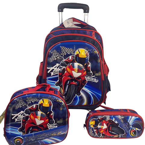 Mochila Con Ruedas + Lonchera + Estuche Niño 16