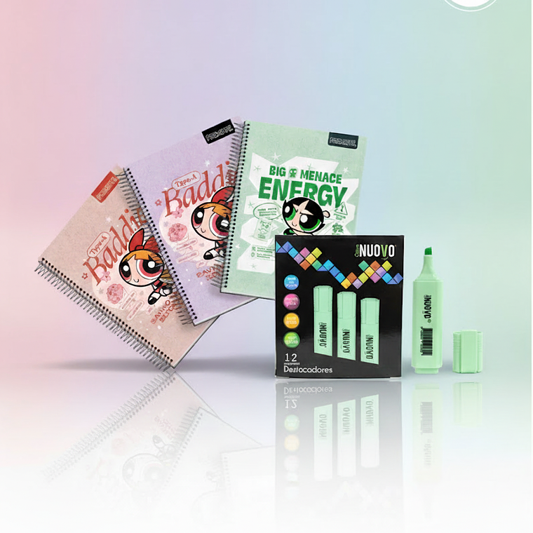 Pack Cuaderno Chicas Super Poderosas + Destacadores Pastel 12uni. 2