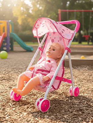 Cochecito Con Toldo Plegable + Muñeca 