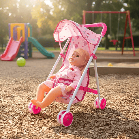 Cochecito Con Toldo Plegable + Muñeca  1