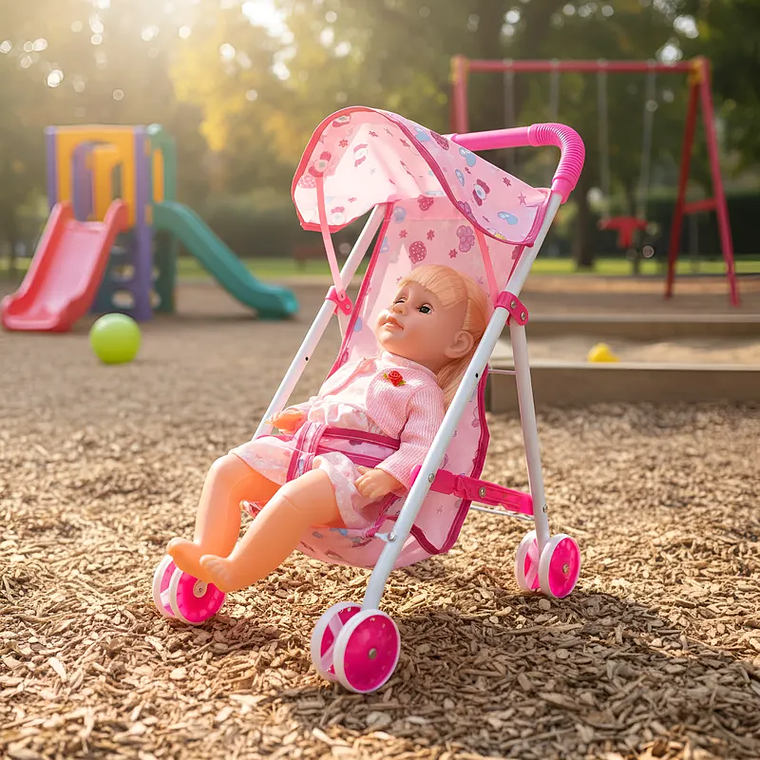 Cochecito Con Toldo Plegable + Muñeca  1