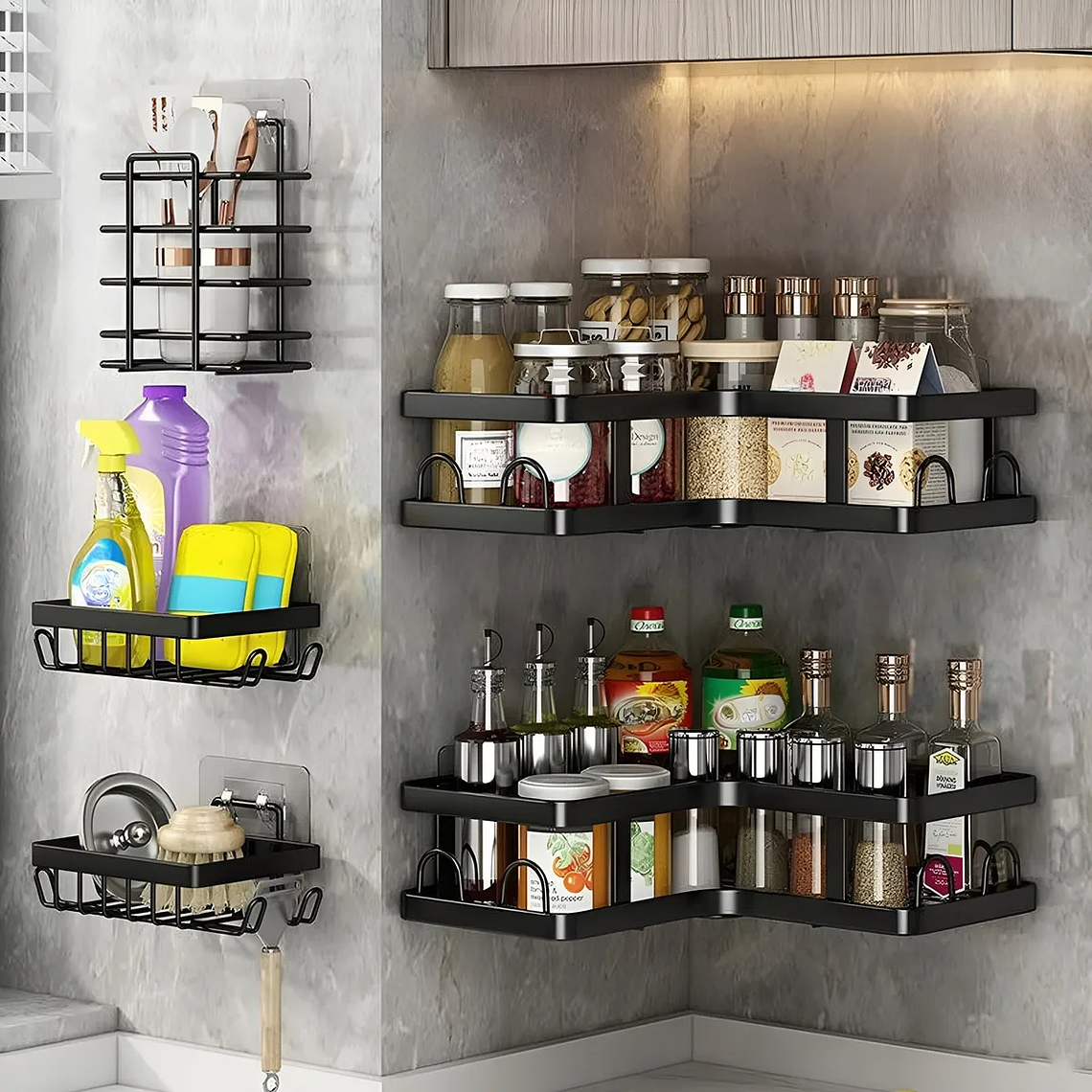 SET ORGANIZADOR 5 PIEZAS COCINA/ DUCHA ADHESIVO NEGRO 1