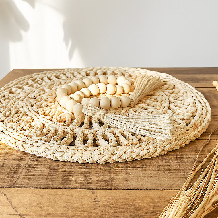 Adorno Cuentas Madera Flecos Blancos - 73cm 2 uni. 1