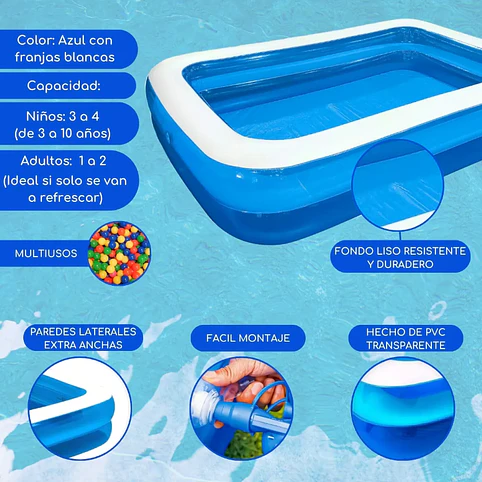 Piscina Inflable Rectangular Familiar 305x183x50 Cm Azul Y Blanco Resistente Guiza 3