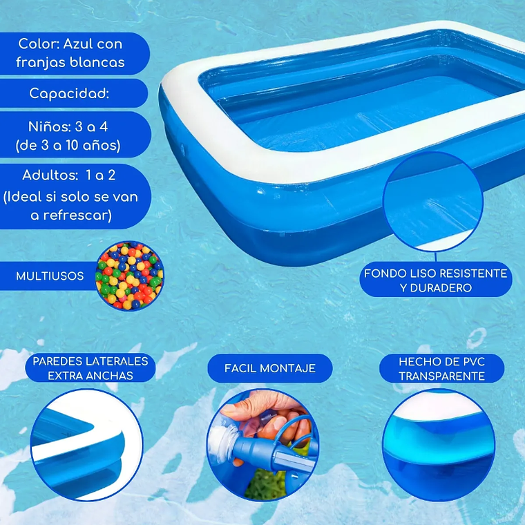 Piscina Inflable Rectangular Familiar 305x183x50 Cm Azul Y Blanco Resistente Guiza 2