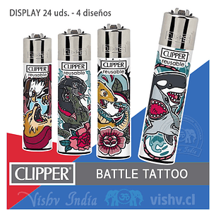 Encendedor Clipper Colección Battle Tattoo - Display 24 Uds