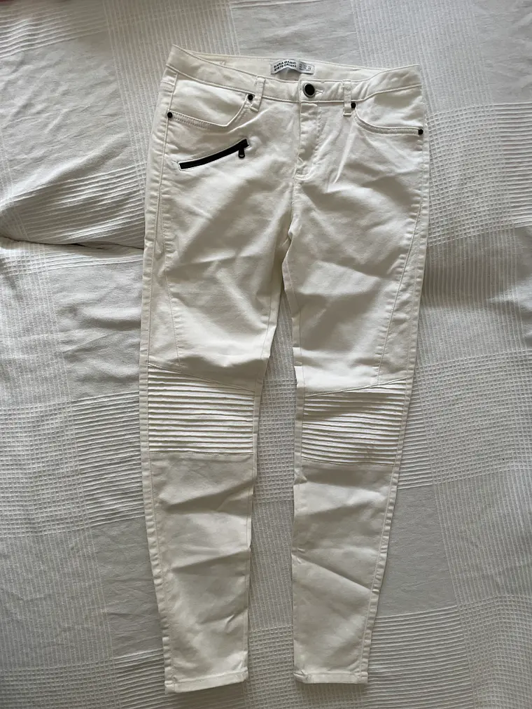 Pantalón Blanco Zara Talla 38 Slim Cremalleras Detalles Rodilla 1