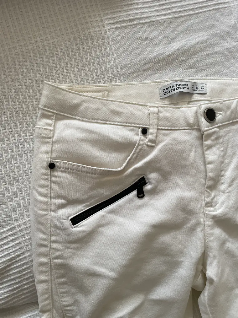 Pantalón Blanco Zara Talla 38 Slim Cremalleras Detalles Rodilla 4