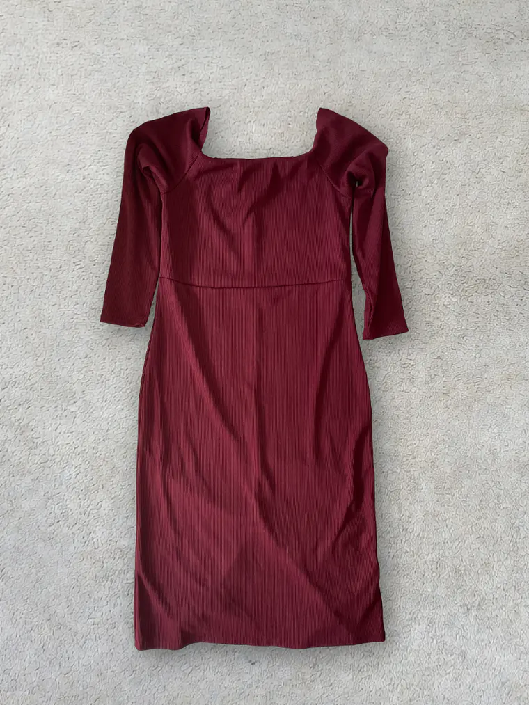 Vestido Color Vino M Talla 40 Elegante Manga Larga Midi Dress Bordeau 1