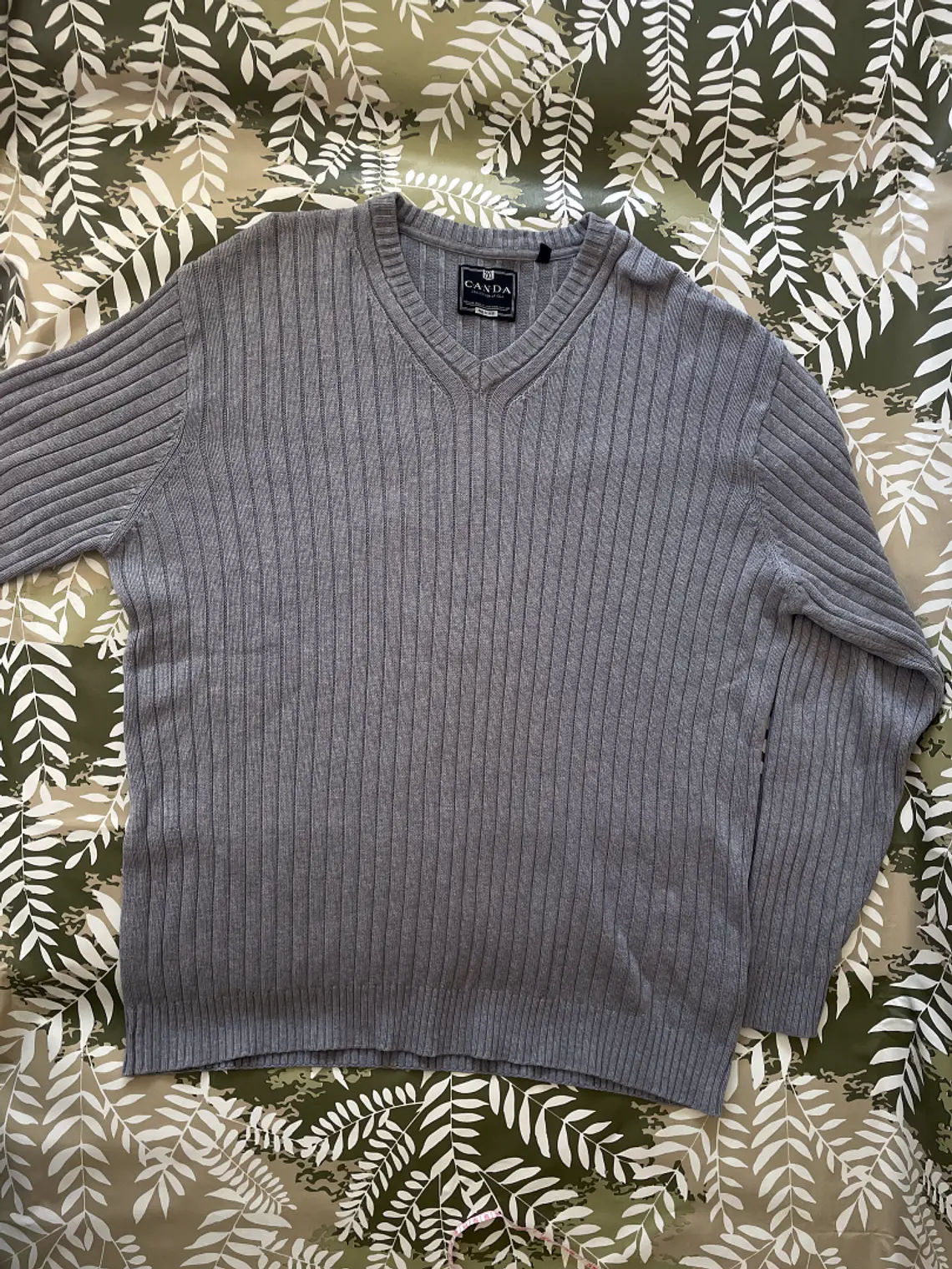 Jersey Gris Canda XXL Cuello Pico Grande Plus Size Suéter Retro 3