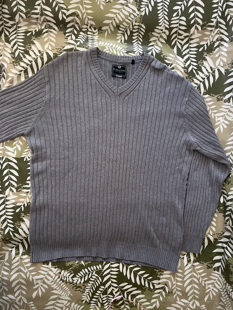 Jersey Gris Canda XXL Cuello Pico Grande Plus Size Suéter Retro 3