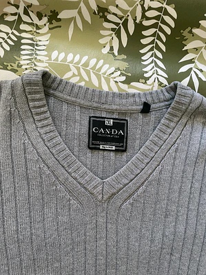 Jersey Gris Canda XXL Cuello Pico Grande Plus Size Suéter Retro