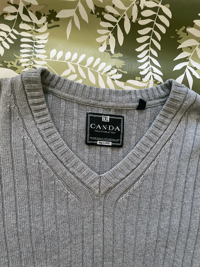 Jersey Gris Canda XXL Cuello Pico Grande Plus Size Suéter Retro 2