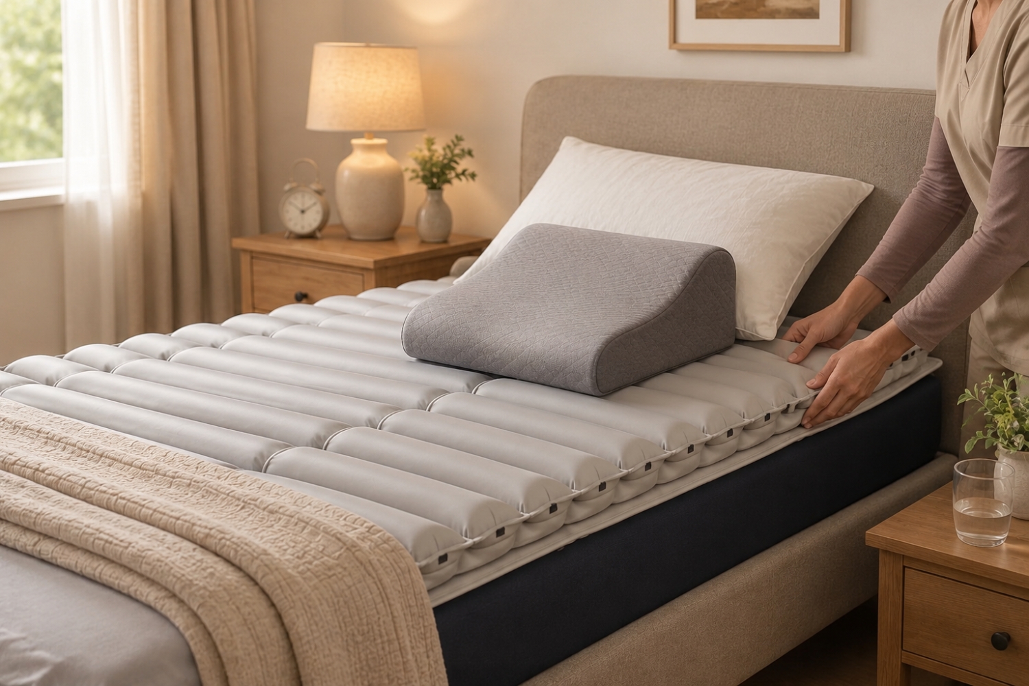 Dormitorio preparado con soluciones de apoyo para cuidados especiales