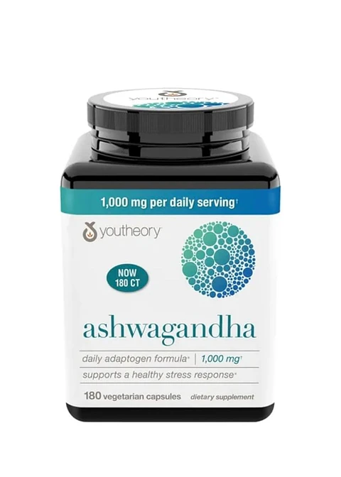 Ashwagandha Youtheory 1000 mg con KSM-66 – 180 Cápsulas | Reduce el estrés físico y mental |  5% Withanólidos, Fórmula Concentrada y Clínicamente Estudiada | Colombia