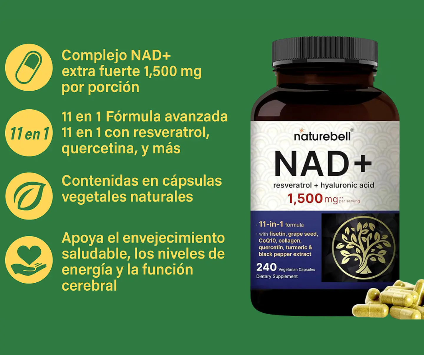 Naturalbell NAD+ 1500 mg 240 cápsulas | Con Resveratrol, Ácido Hialurónico, Quercetina, Fisetina, Colágeno, CoQ10 y Cúrcuma | Colombia 3