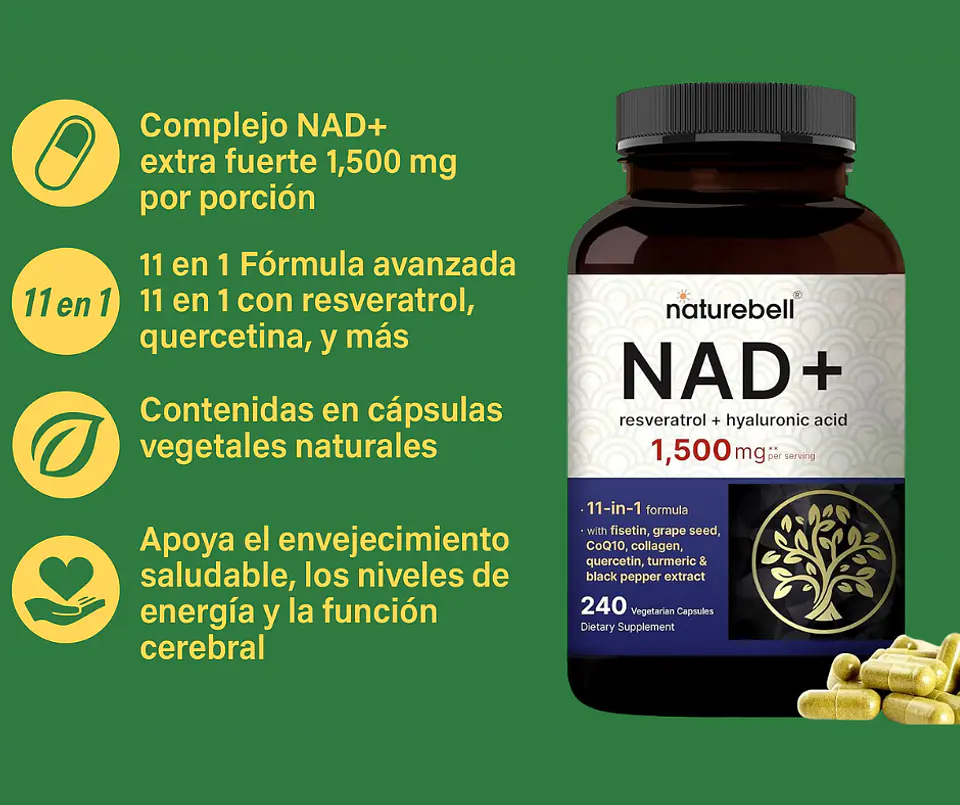 Naturalbell NAD+ 1500 mg 240 cápsulas | Con Resveratrol, Ácido Hialurónico, Quercetina, Fisetina, Colágeno, CoQ10 y Cúrcuma | Colombia 3