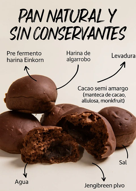 5 Panes naturales artesanales sin conservantes con harina Einkorn, algarrobo, cacao y jengibre 250g | Minimo 5 unidades por pedido