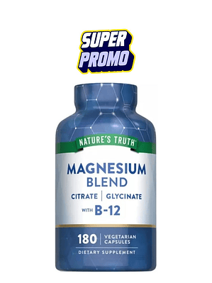 Magnesio Nature’s Truth con Vitamina B12 | Citrato, Glicinato y Aspartato | Salud Muscular, Nerviosa y Energética | 180 Cápsulas Vegetarianas | Colombia