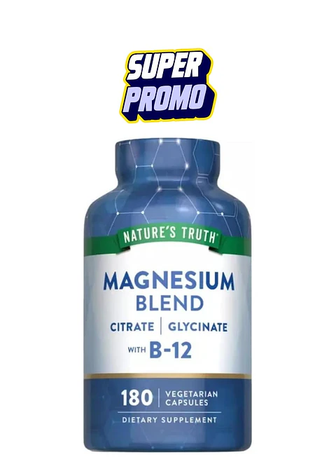Magnesio Nature’s Truth con Vitamina B12 | Citrato, Glicinato y Aspartato | Salud Muscular, Nerviosa y Energética | 180 Cápsulas Vegetarianas | Colombia