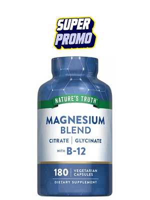 Magnesio Nature’s Truth con Vitamina B12 | Citrato, Glicinato y Aspartato | Salud Muscular, Nerviosa y Energética | 180 Cápsulas Vegetarianas | Colombia