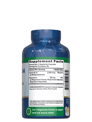 Magnesio Nature’s Truth con Vitamina B12 | Citrato, Glicinato y Aspartato | Salud Muscular, Nerviosa y Energética | 180 Cápsulas Vegetarianas | Colombia