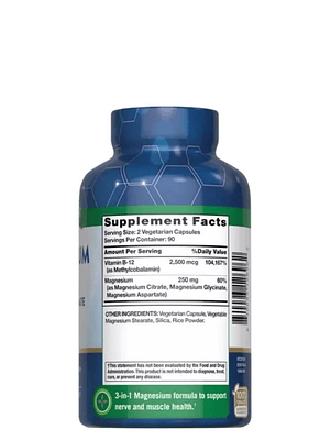 Magnesio Nature’s Truth con Vitamina B12 | Citrato, Glicinato y Aspartato | Salud Muscular, Nerviosa y Energética | 180 Cápsulas Vegetarianas | Colombia