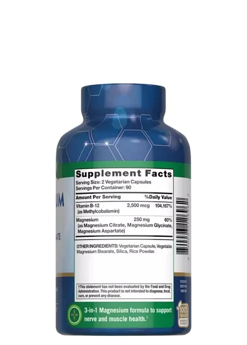 Magnesio Nature’s Truth con Vitamina B12 | Citrato, Glicinato y Aspartato | Salud Muscular, Nerviosa y Energética | 180 Cápsulas Vegetarianas | Colombia