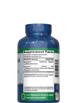Magnesio Nature’s Truth con Vitamina B12 | Citrato, Glicinato y Aspartato | Salud Muscular, Nerviosa y Energética | 180 Cápsulas Vegetarianas | Colombia
