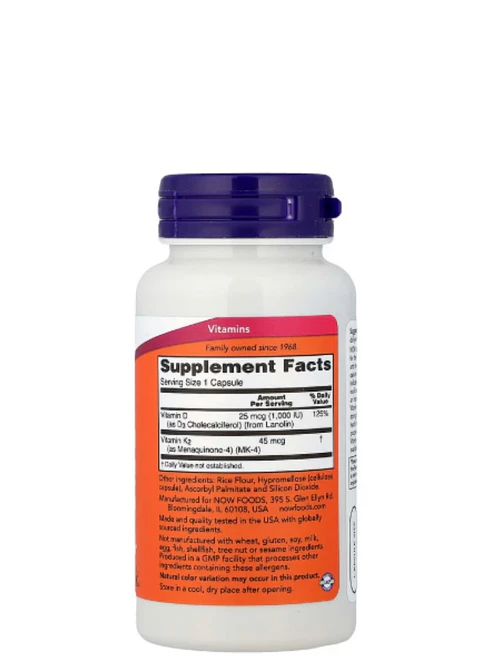 Vitamina D3 + K2 NOW Foods 120 cápsulas | Fortaleza ósea, inmunidad y energía natural | Alta absorción| Colombia
