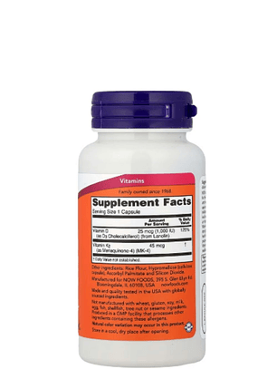 Vitamina D3 + K2 NOW Foods 120 cápsulas | Fortaleza ósea, inmunidad y energía natural | Alta absorción| Colombia