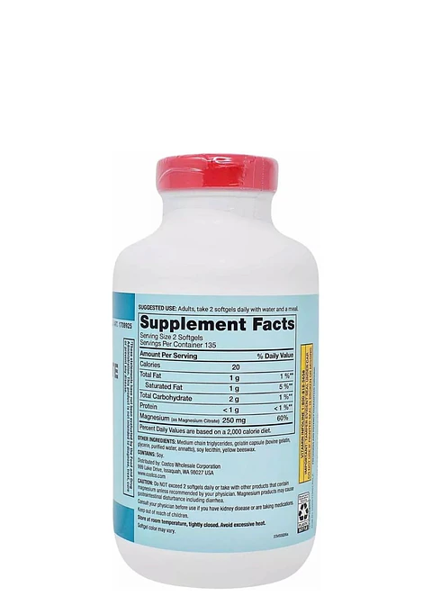 Kirkland Signature Citrato de Magnesio 250 mg (270 softgels) – Apoyo para Músculos, Nervios, Huesos y Corazón| Colombia