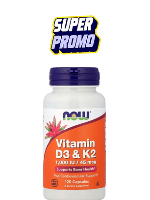 Vitamina D3 + K2 NOW Foods 120 cápsulas | Fortaleza ósea, inmunidad y energía natural | Alta absorción| Colombia