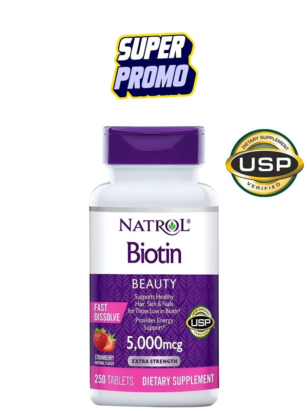 Biotina Natrol 5.000 mcg Fast Dissolve – 250 tabletas | Cabello, Piel y Uñas | Alta absorción y delicioso sabor | Colombia 1