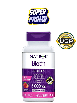 Biotina Natrol 5.000 mcg Fast Dissolve – 250 tabletas | Cabello, Piel y Uñas | Alta absorción y delicioso sabor | Colombia