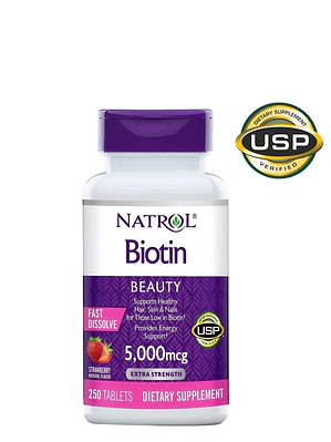 Biotina Natrol 5.000 mcg Fast Dissolve – 250 tabletas | Cabello, Piel y Uñas | Alta absorción y delicioso sabor | Colombia