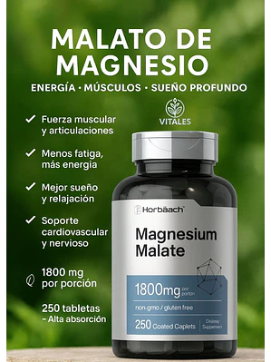 Suplemento Malato de Magnesio Horbäach 1800 mg – 250 Cápsulas | Energía, Músculos y Sueño Profundo | Colombia