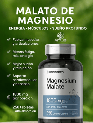 Suplemento Malato de Magnesio Horbäach 1800 mg – 250 Cápsulas | Energía, Músculos y Sueño Profundo | Colombia