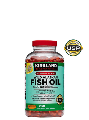 Kirkland Omega-3, 5, 6, 7, 9 y 11 Wild Alaskan 1400mg  230 cápsulas | Aceite puro de salmón salvaje | 330 mg EPA+DHA | Vitaminas A y D | USP | Colombia
