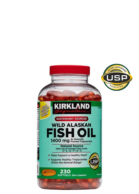 Kirkland Omega-3, 5, 6, 7, 9 y 11 Wild Alaskan 1400mg  230 cápsulas | Aceite puro de salmón salvaje | 330 mg EPA+DHA | Vitaminas A y D | USP | Colombia