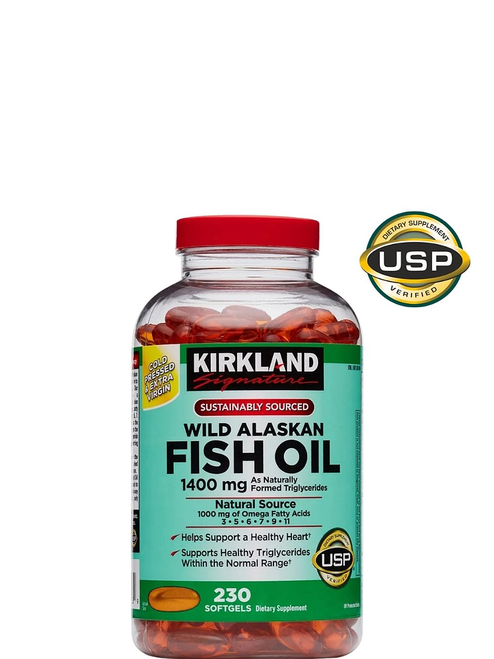 Kirkland Omega-3, 5, 6, 7, 9 y 11 Wild Alaskan 1400mg  230 cápsulas | Aceite puro de salmón salvaje | 330 mg EPA+DHA | Vitaminas A y D | USP | Colombia 3