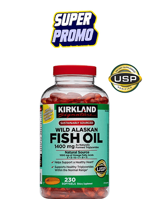 Kirkland Omega-3, 5, 6, 7, 9 y 11 Wild Alaskan 1400mg  230 cápsulas | Aceite puro de salmón salvaje | 330 mg EPA+DHA | Vitaminas A y D | USP | Colombia
