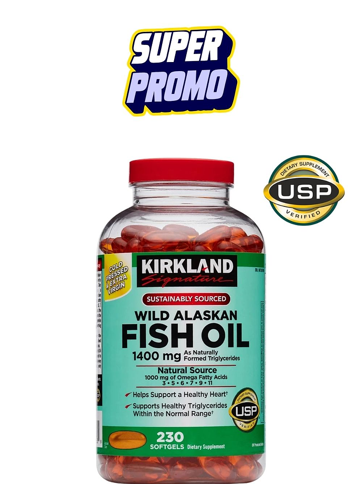 Kirkland Omega-3, 5, 6, 7, 9 y 11 Wild Alaskan 1400mg  230 cápsulas | Aceite puro de salmón salvaje | 330 mg EPA+DHA | Vitaminas A y D | USP | Colombia 1