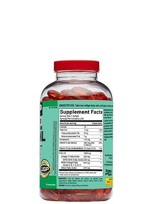 Kirkland Omega-3, 5, 6, 7, 9 y 11 Wild Alaskan 1400mg  230 cápsulas | Aceite puro de salmón salvaje | 330 mg EPA+DHA | Vitaminas A y D | USP | Colombia