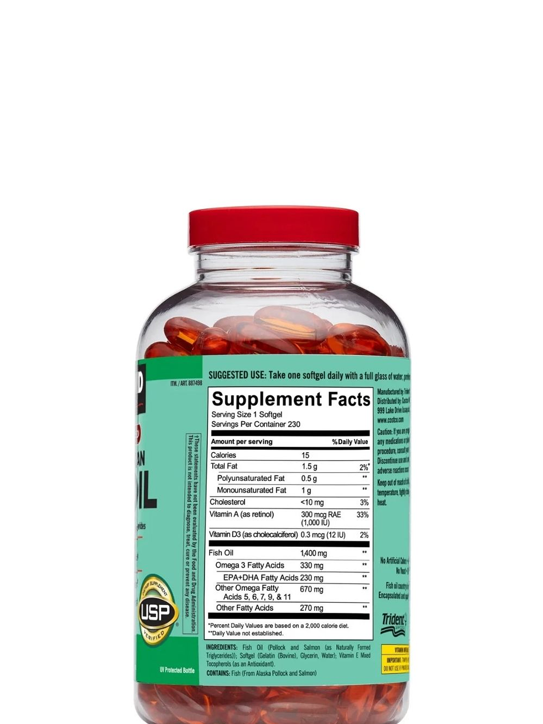 Kirkland Omega-3, 5, 6, 7, 9 y 11 Wild Alaskan 1400mg  230 cápsulas | Aceite puro de salmón salvaje | 330 mg EPA+DHA | Vitaminas A y D | USP | Colombia 2