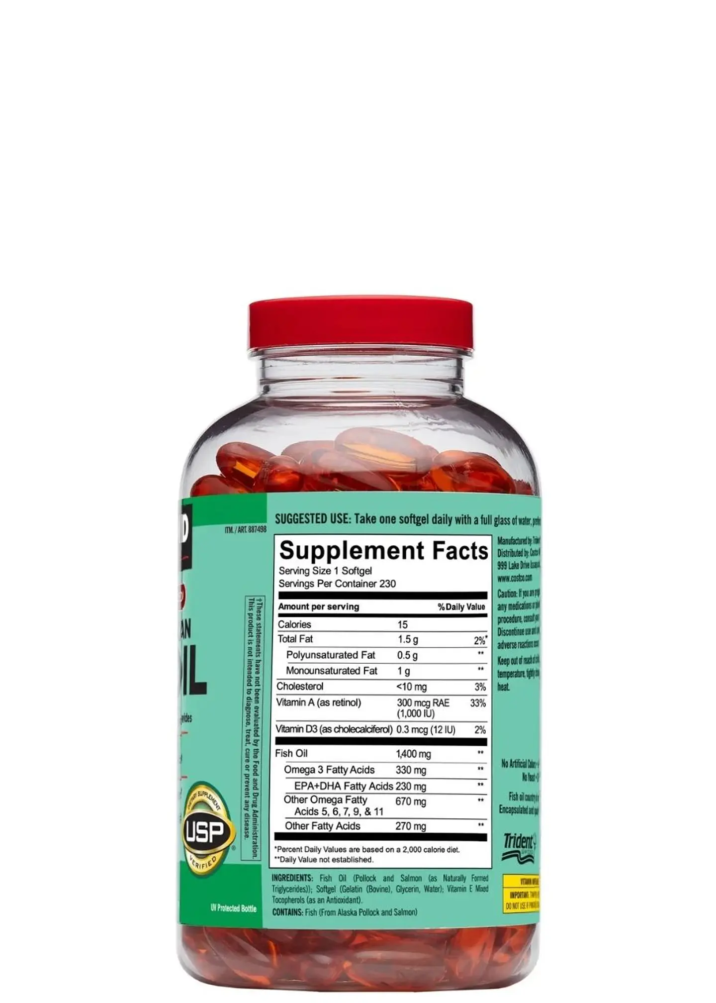 Kirkland Omega-3, 5, 6, 7, 9 y 11 Wild Alaskan 1400mg  230 cápsulas | Aceite puro de salmón salvaje | 330 mg EPA+DHA | Vitaminas A y D | USP | Colombia 2