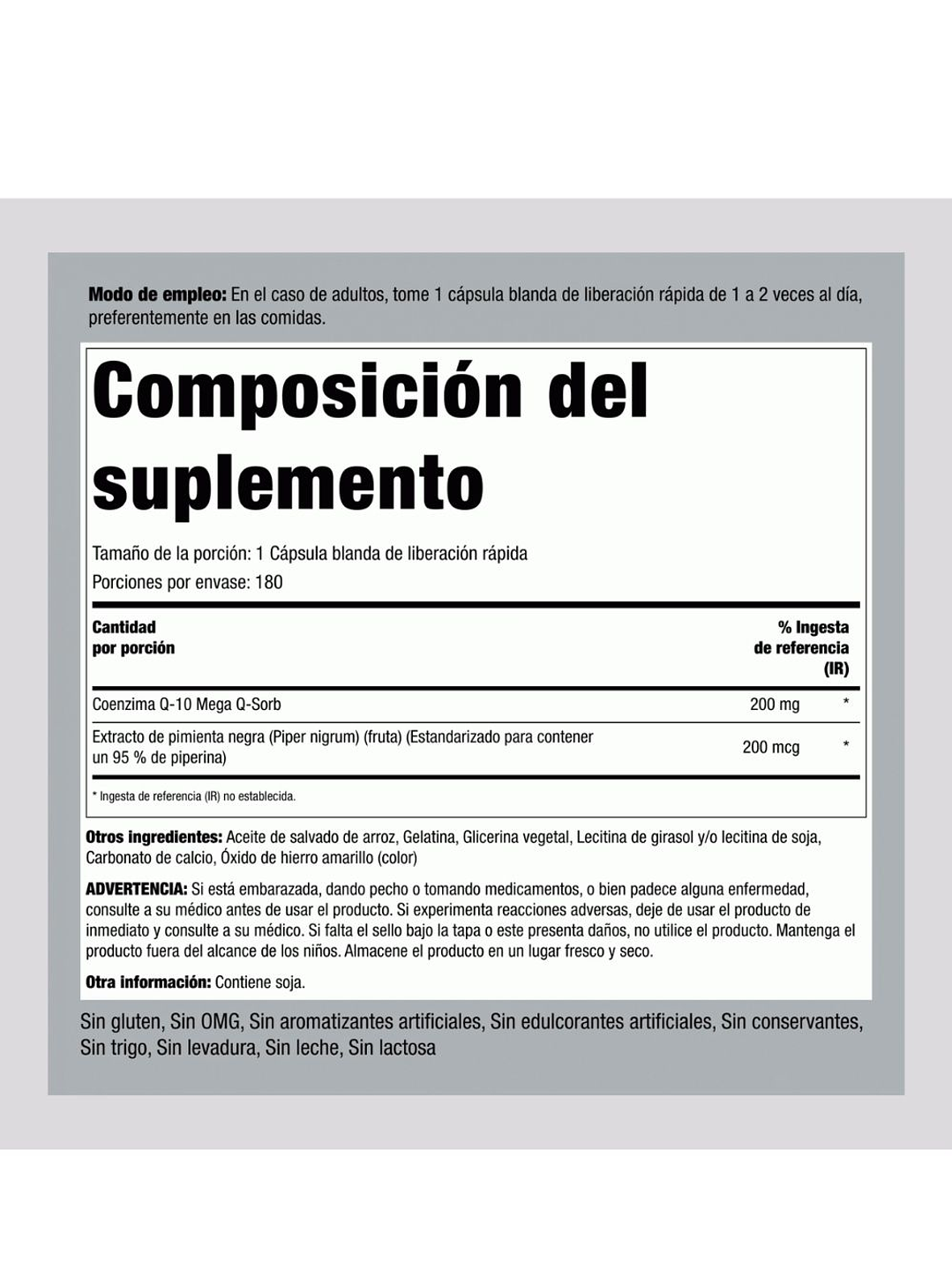 Coenzima CoQ-10 Piping Rock 200 mg 180 Cápsulas | Energía Celular y Salud Cardiovascular | Alta Potencia | Colombia 4